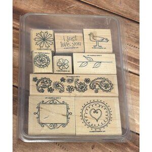 2006 STAMPIN' UP! DOUBLE LINE DOODLES WOOD MOUNTED RUBBER STAMP SET OF 9 PAISLEY